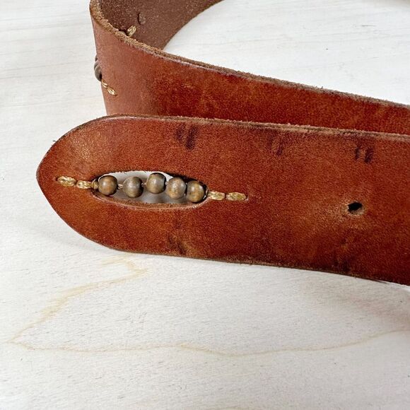 Old Navy Wide Brown Genuine‎ Leather Belt Beaded Plate Buckle - Women's Size S - Picture 4 of 9